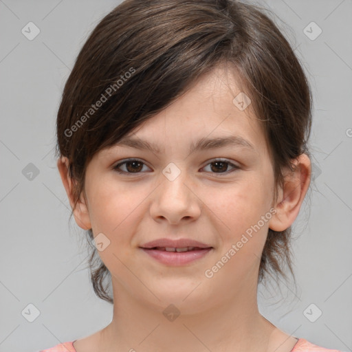 Joyful white child female with medium  brown hair and brown eyes