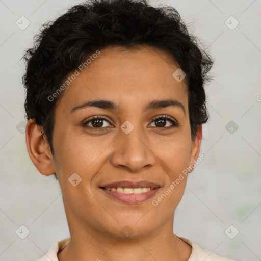 Joyful latino young-adult female with short  brown hair and brown eyes