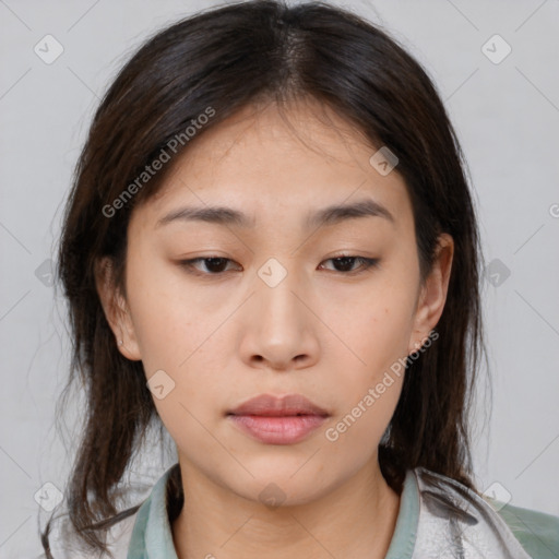 Neutral asian young-adult female with medium  brown hair and brown eyes