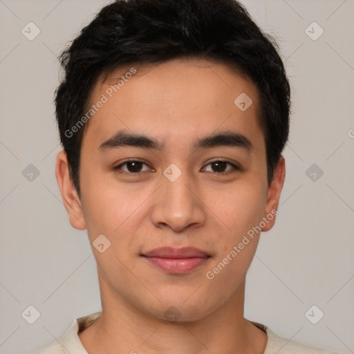 Joyful latino young-adult male with short  black hair and brown eyes