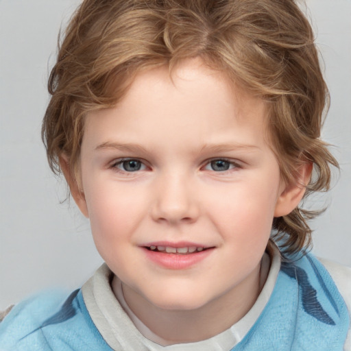 Joyful white child female with medium  brown hair and blue eyes