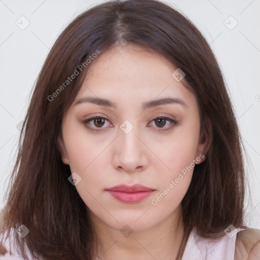 Neutral white young-adult female with medium  brown hair and brown eyes