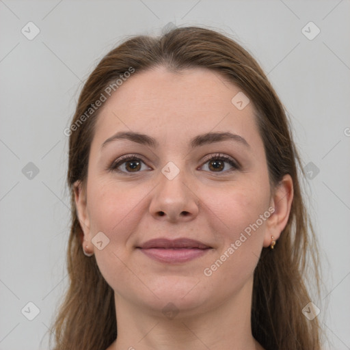 Joyful white young-adult female with long  brown hair and grey eyes