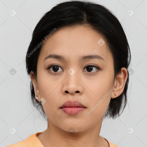 Neutral asian young-adult female with medium  black hair and brown eyes