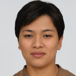 Neutral asian young-adult female with short  black hair and brown eyes