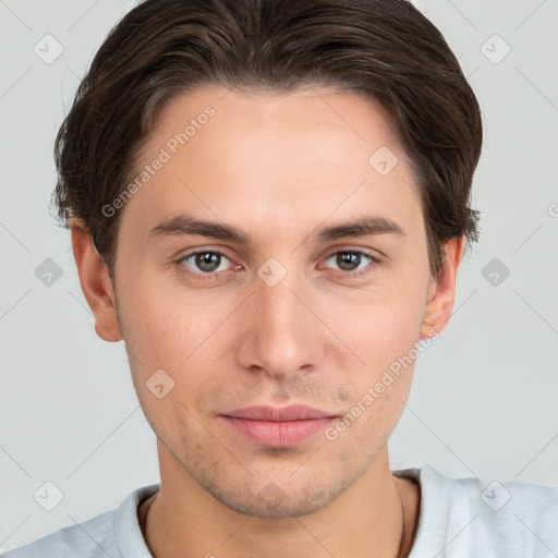 Neutral white young-adult male with short  brown hair and brown eyes