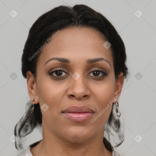 Joyful latino young-adult female with medium  brown hair and brown eyes