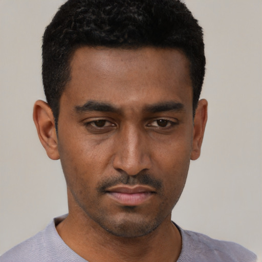 Neutral black young-adult male with short  black hair and brown eyes