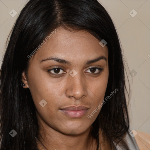 Joyful asian young-adult female with long  brown hair and brown eyes