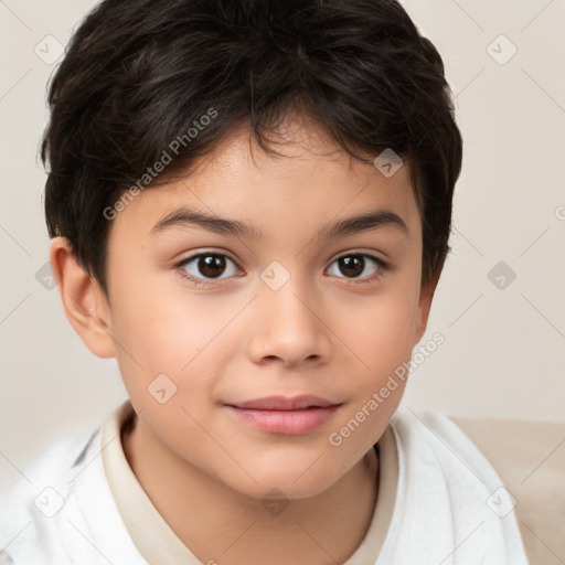 Joyful white child female with short  brown hair and brown eyes