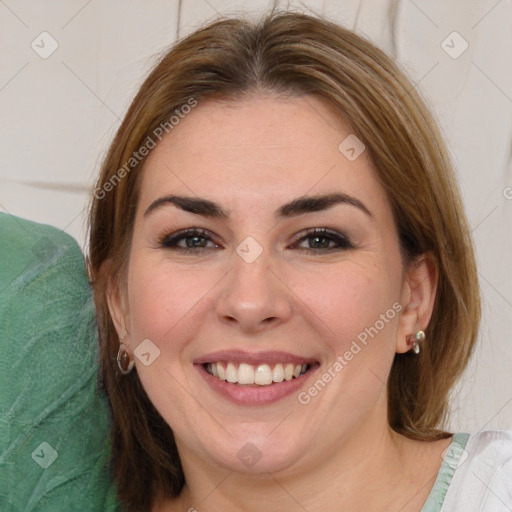 Joyful white young-adult female with medium  brown hair and green eyes