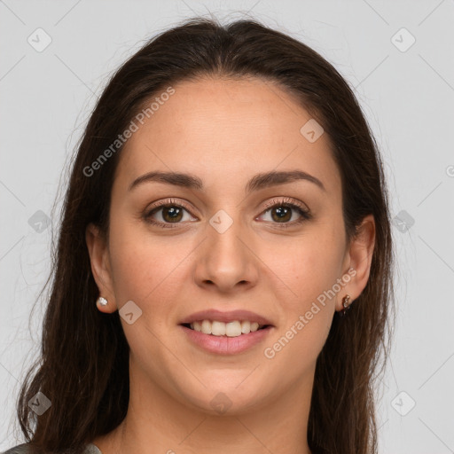 Joyful white young-adult female with long  brown hair and brown eyes