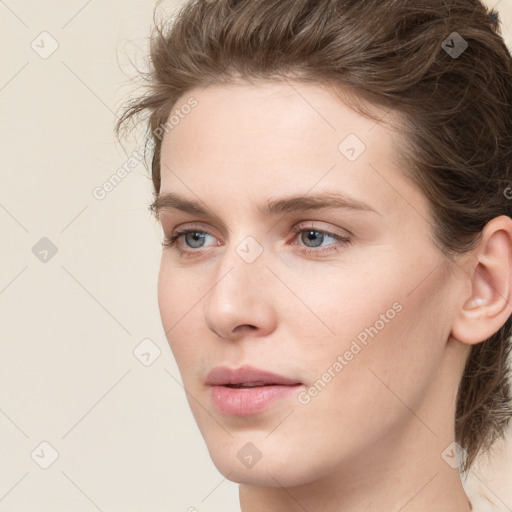 Neutral white young-adult female with medium  brown hair and grey eyes