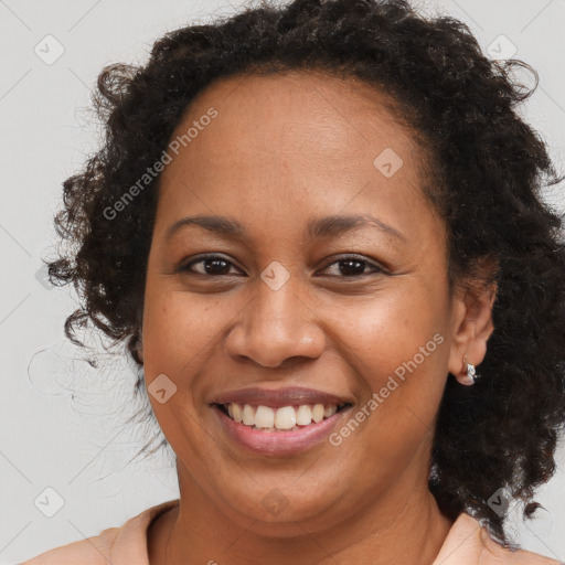 Joyful black young-adult female with medium  brown hair and brown eyes