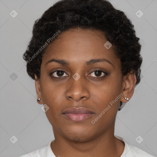 Neutral black young-adult female with short  brown hair and brown eyes