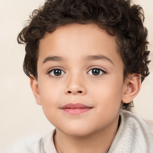 Joyful white child female with short  brown hair and brown eyes