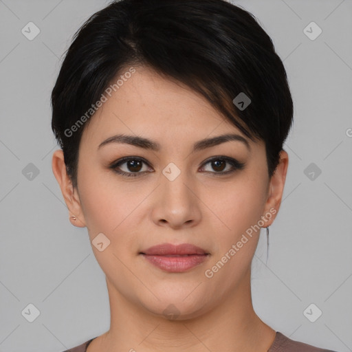 Joyful asian young-adult female with short  black hair and brown eyes