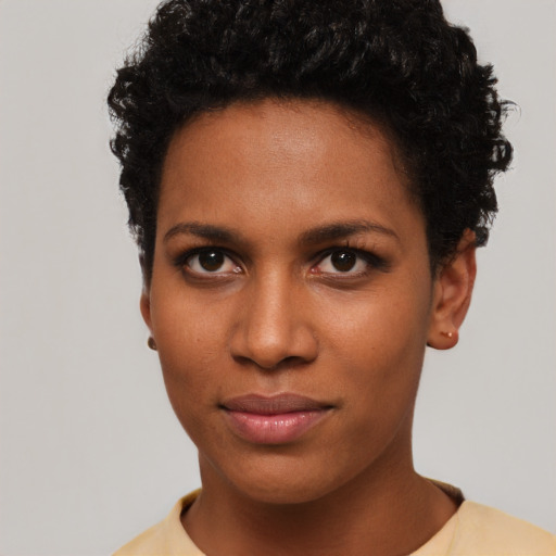 Neutral black young-adult female with short  brown hair and brown eyes