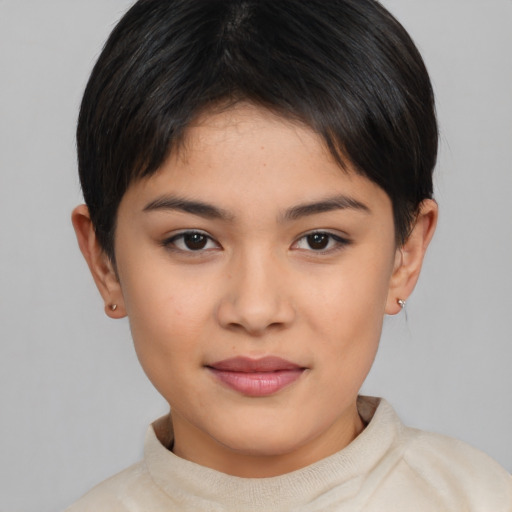 Joyful asian young-adult female with short  brown hair and brown eyes