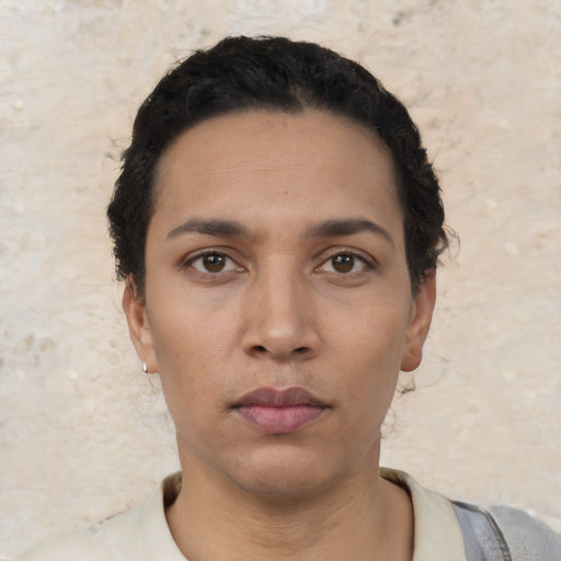 Neutral asian young-adult female with short  black hair and brown eyes