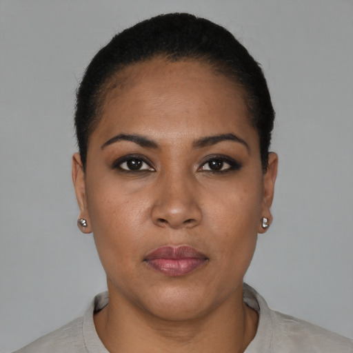 Neutral black young-adult female with short  black hair and brown eyes