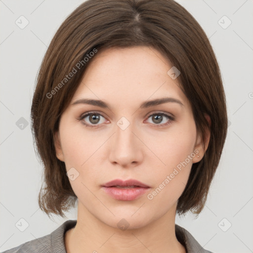 Neutral white young-adult female with medium  brown hair and brown eyes