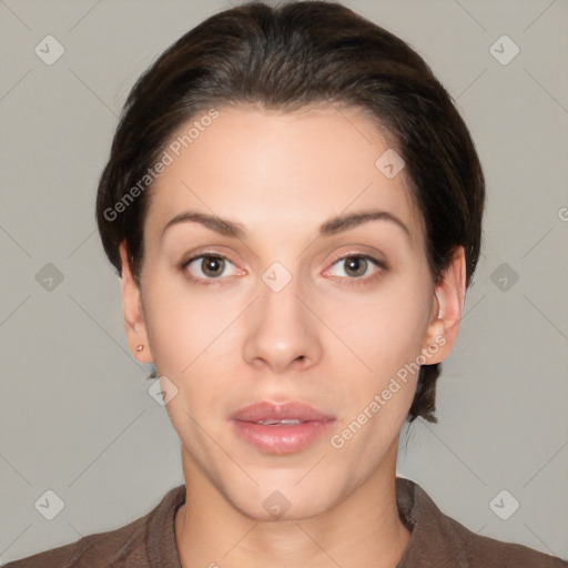 Neutral white young-adult female with short  brown hair and brown eyes