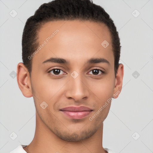 Joyful latino young-adult male with short  brown hair and brown eyes