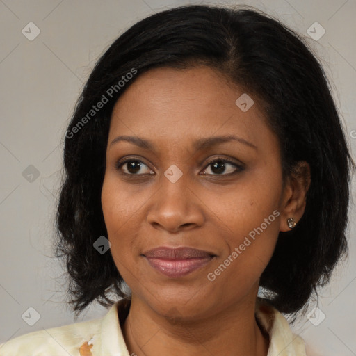 Joyful black adult female with medium  brown hair and brown eyes