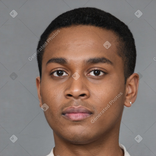 Neutral black young-adult male with short  black hair and brown eyes