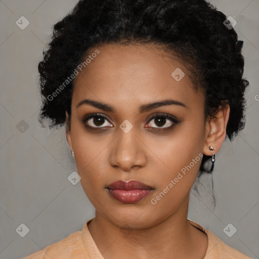 Neutral black young-adult female with short  black hair and brown eyes