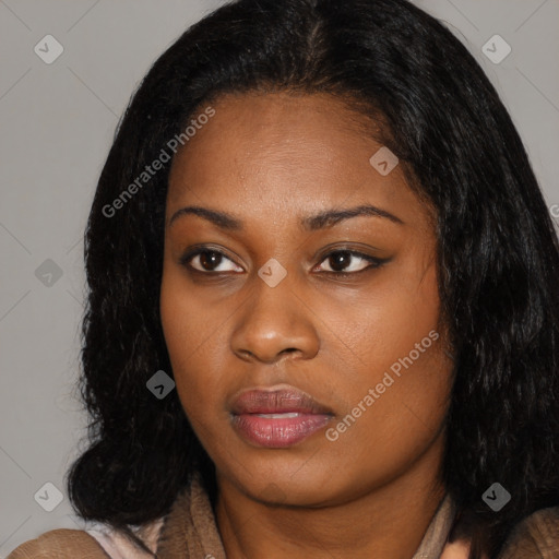 Joyful black young-adult female with medium  black hair and brown eyes