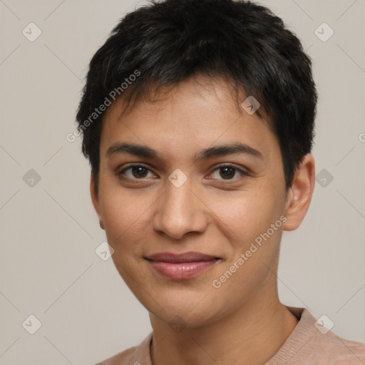 Joyful latino young-adult male with short  brown hair and brown eyes