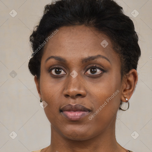 Neutral black young-adult female with short  black hair and brown eyes