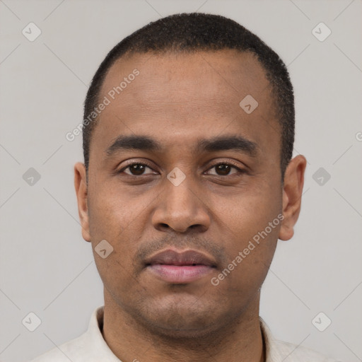 Neutral latino young-adult male with short  black hair and brown eyes