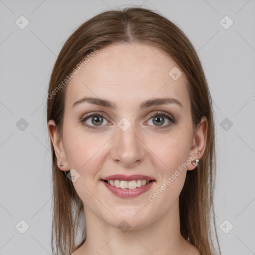 Joyful white young-adult female with long  brown hair and grey eyes