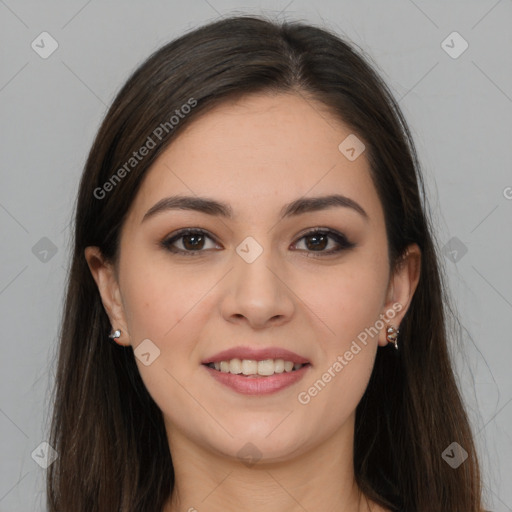 Joyful white young-adult female with long  brown hair and brown eyes