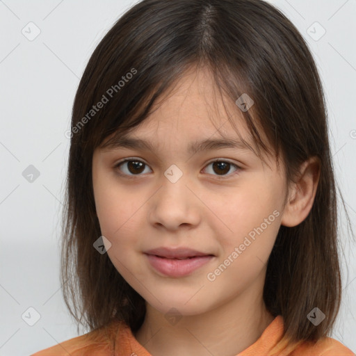 Joyful white child female with medium  brown hair and brown eyes