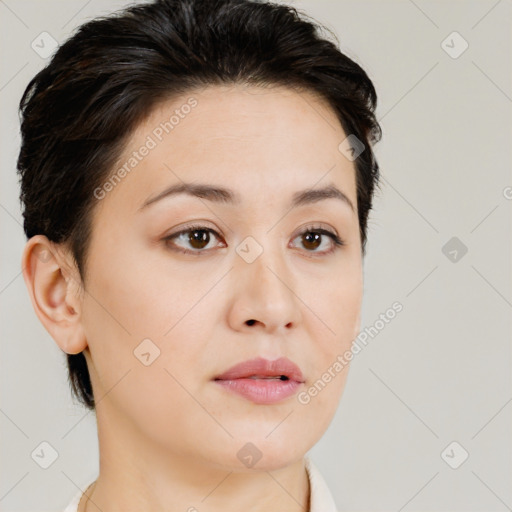 Neutral white young-adult female with medium  brown hair and brown eyes