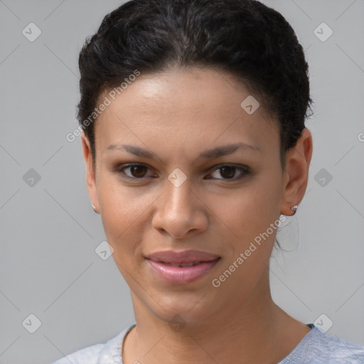 Joyful latino young-adult female with short  brown hair and brown eyes