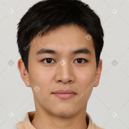 Neutral asian young-adult male with short  brown hair and brown eyes