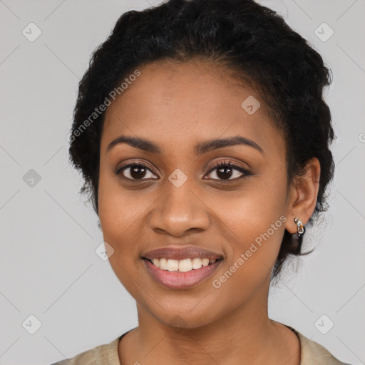 Joyful latino young-adult female with long  black hair and brown eyes