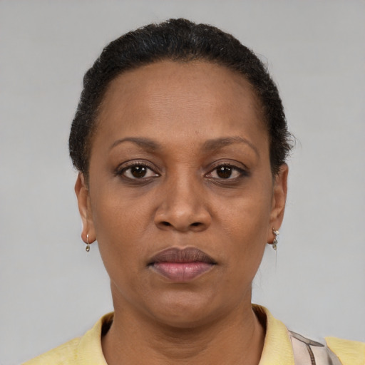 Joyful latino adult female with short  brown hair and brown eyes