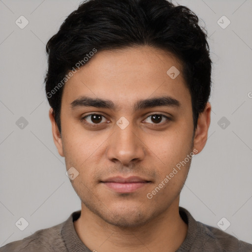 Neutral latino young-adult male with short  black hair and brown eyes