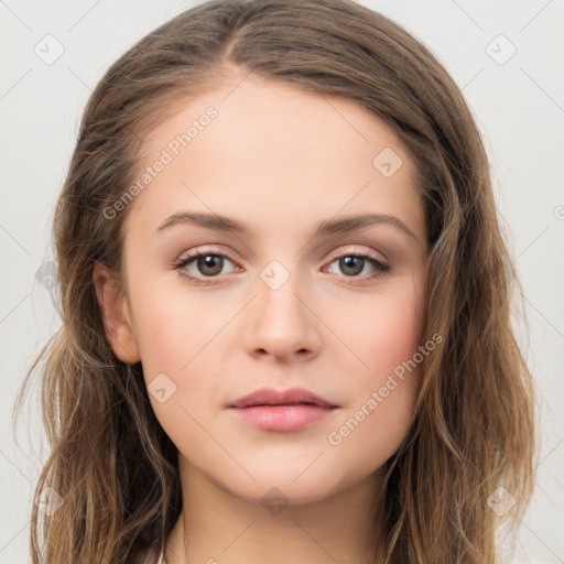 Neutral white young-adult female with long  brown hair and brown eyes