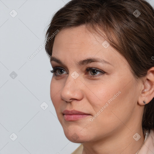 Neutral white young-adult female with medium  brown hair and brown eyes