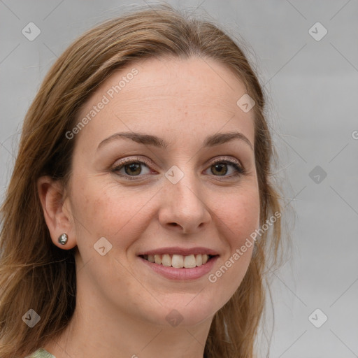 Joyful white young-adult female with long  brown hair and grey eyes