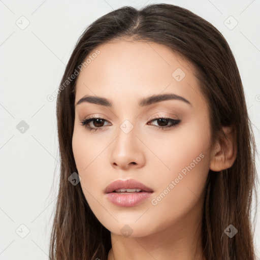 Neutral white young-adult female with long  brown hair and brown eyes