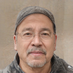 Joyful white middle-aged male with short  brown hair and brown eyes