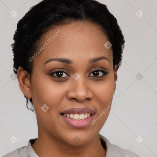 Joyful latino young-adult female with short  brown hair and brown eyes